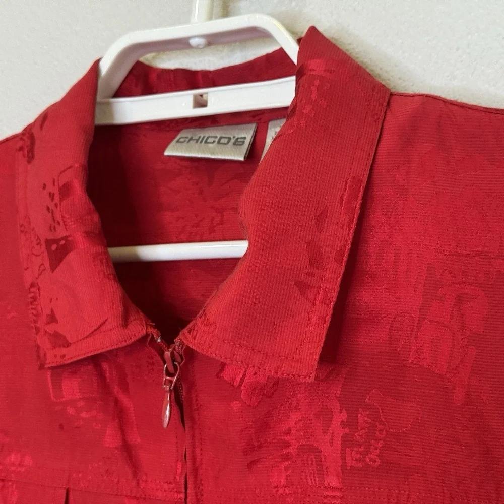 Chico's Silk Blend Full Zip Jacket Womens Sz 1 Red Embossed Long Sleeve Collared